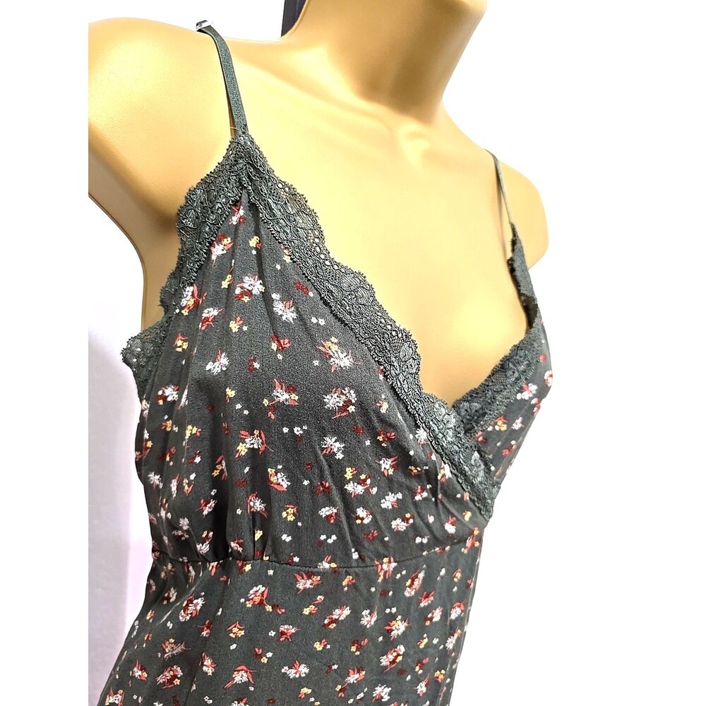 Y2K Babydoll Maxi Floral Slip Dress XL Olive Green Lace Trim Dark Forest Fairy